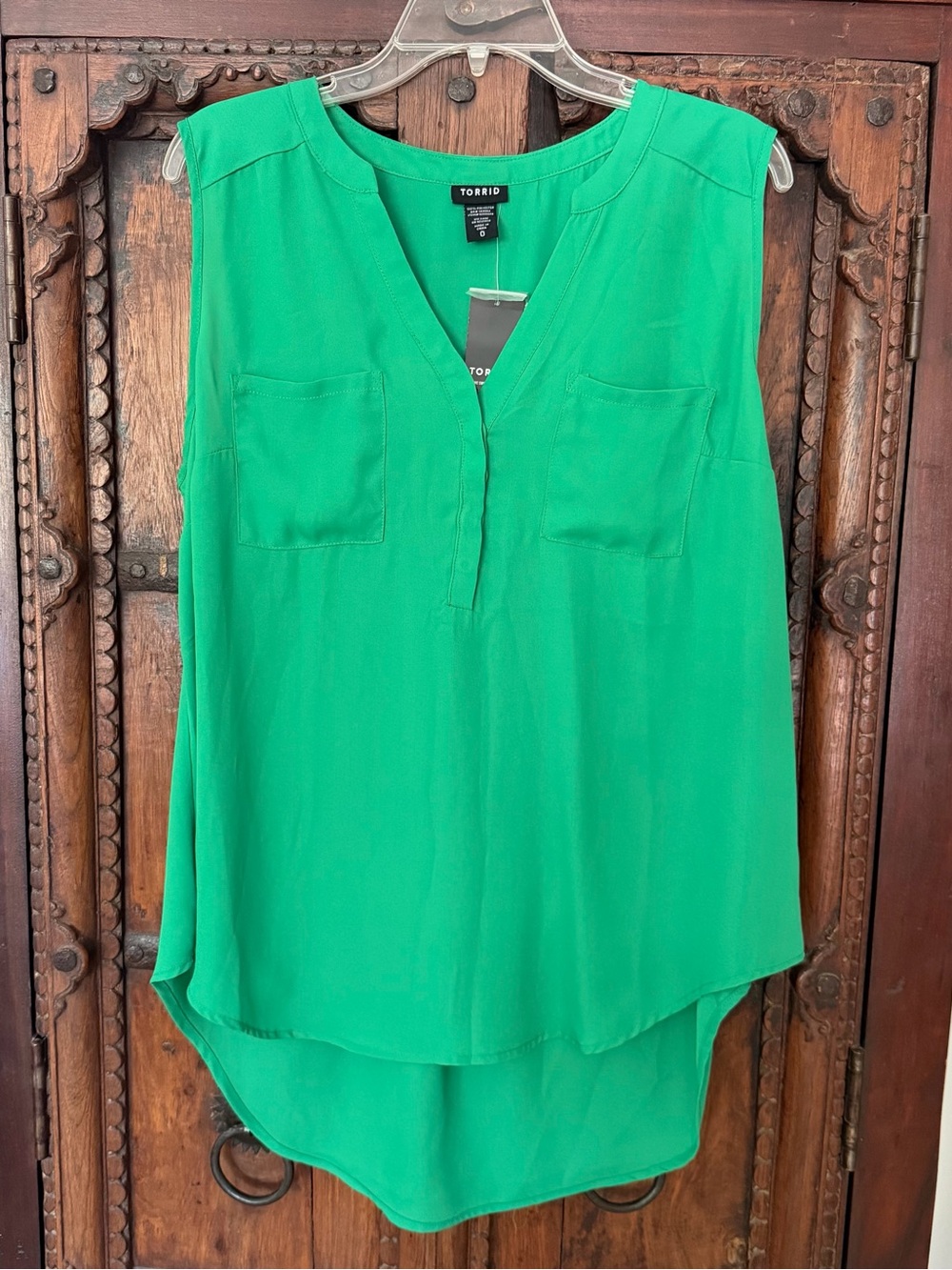 Green Sleeveless V-Neck Tunic Hi Low Top
